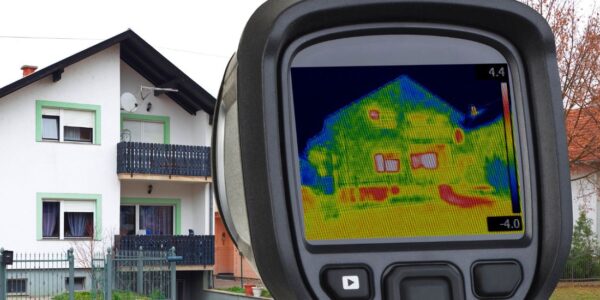 Photo d'un appareil de thermographie en marche devant une maison